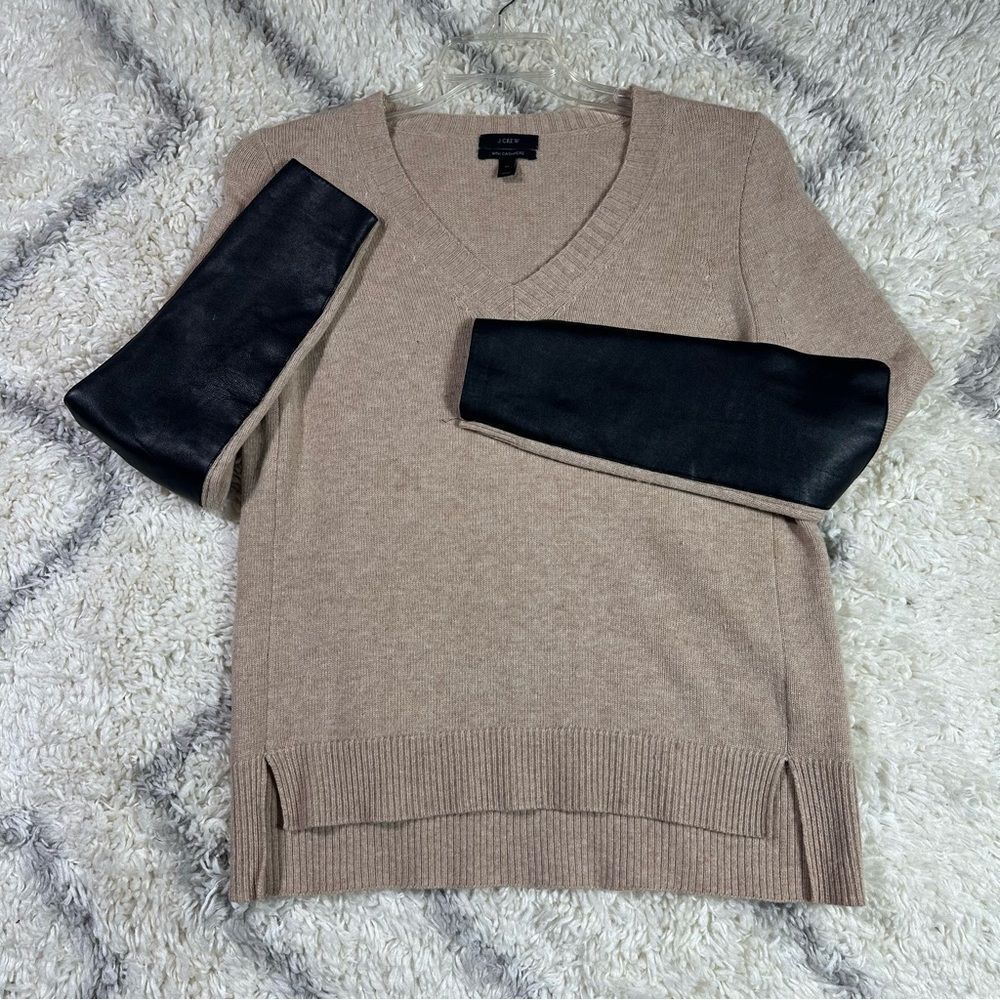 J. Crew Cream Wool-Cashmere Sweater with Leather Trim